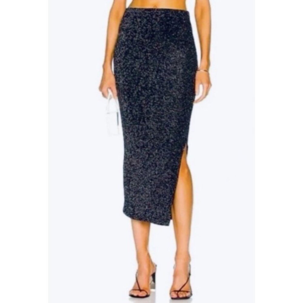 House of Harlow Midi Skirt M Medium Metallic Silver Black Pull On Slit Festive